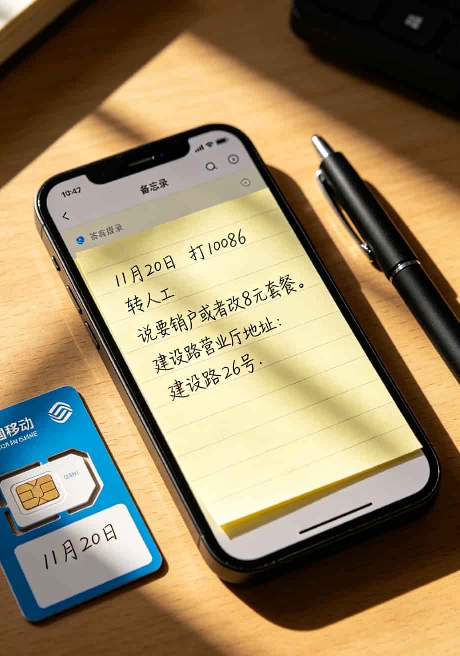 折腾了12张手机卡后,我找到了真正便宜的移动流量卡(附避坑指南) 手机备忘录截图,写着“11月20日打10086改套餐”