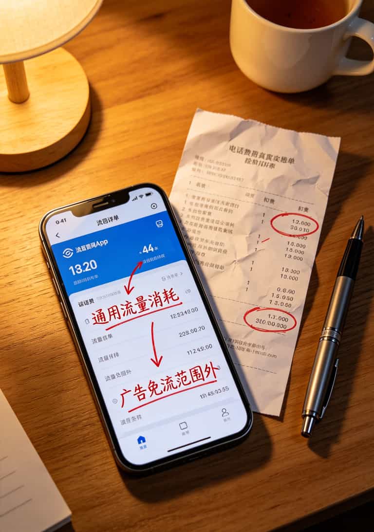 办免流量卡多少钱一张?2026真实避坑指南(老张实测) 手机流量详单截图,标注广告消耗的通用流量