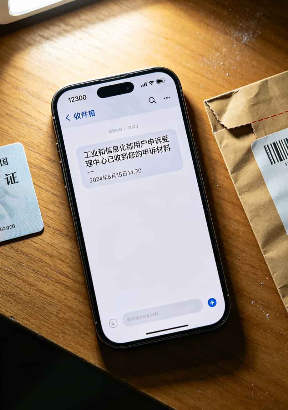 换了11张流量卡,我才找到真能用的“5g纯通用流量卡”(导语附避坑口诀) 工信部12300投诉受理成功的短信截图