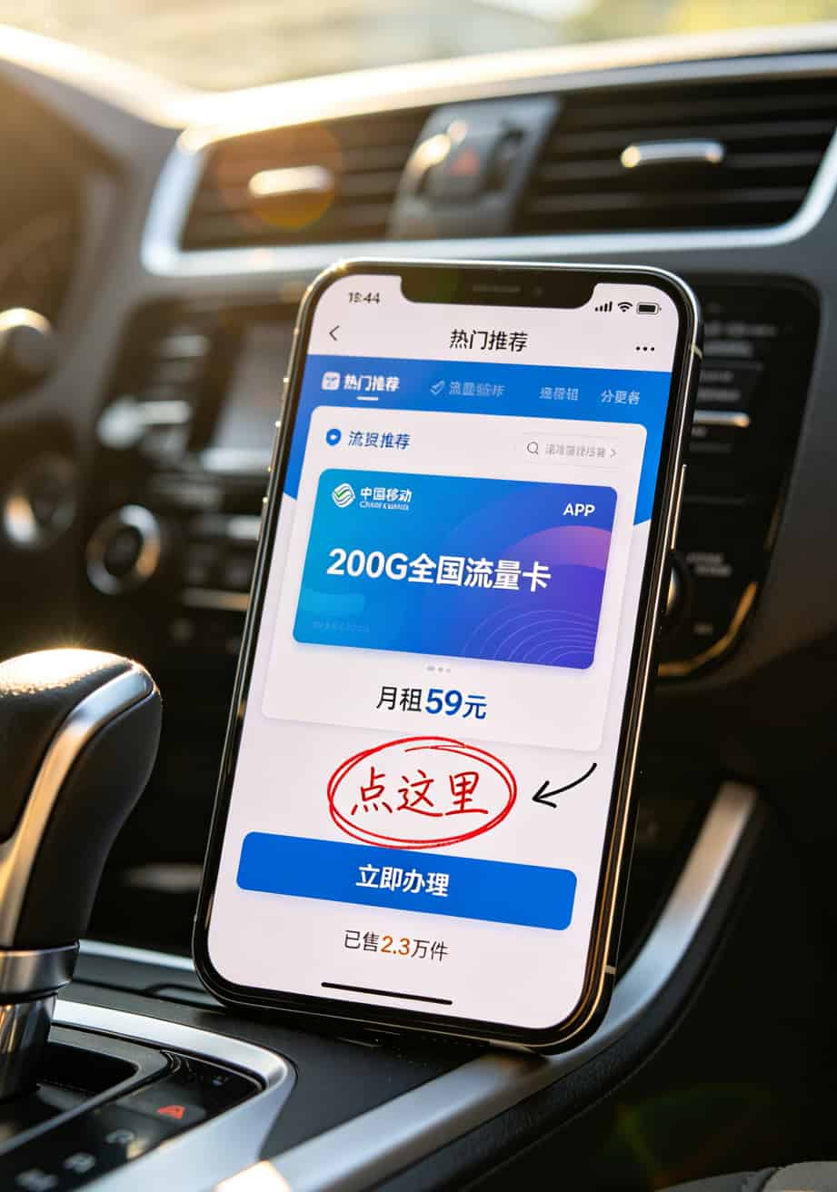 移动官方APP中200g全国流量卡办理界面截图，红圈标注“立即办理”按钮