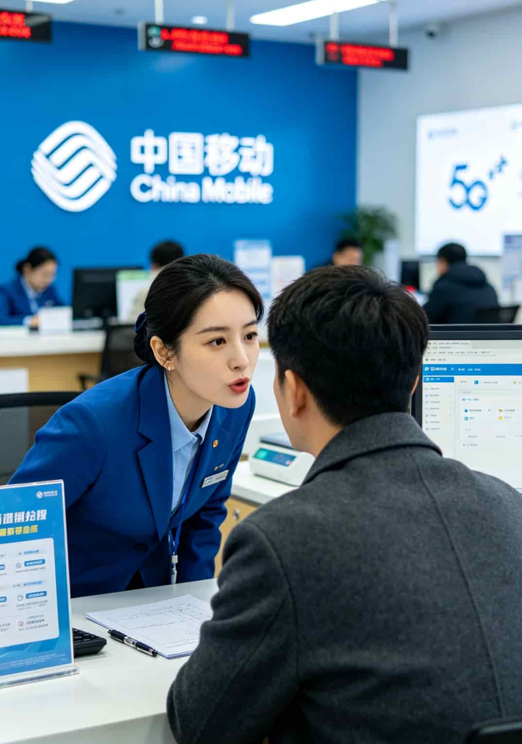 中兴随身WiFi到底值不值?我试了两年才发现,一张50元流量卡套餐才是大头 移动营业厅柜台场景,工作人员正在为客户办理业务