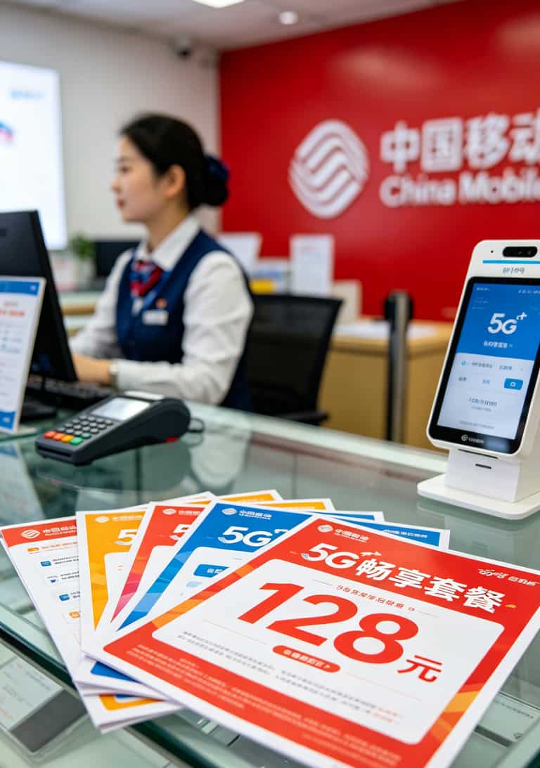 办了17张卡才敢说:2023目前最好用的流量卡就这两张,别再多花冤枉钱 移动营业厅柜台照片,展示套餐宣传单