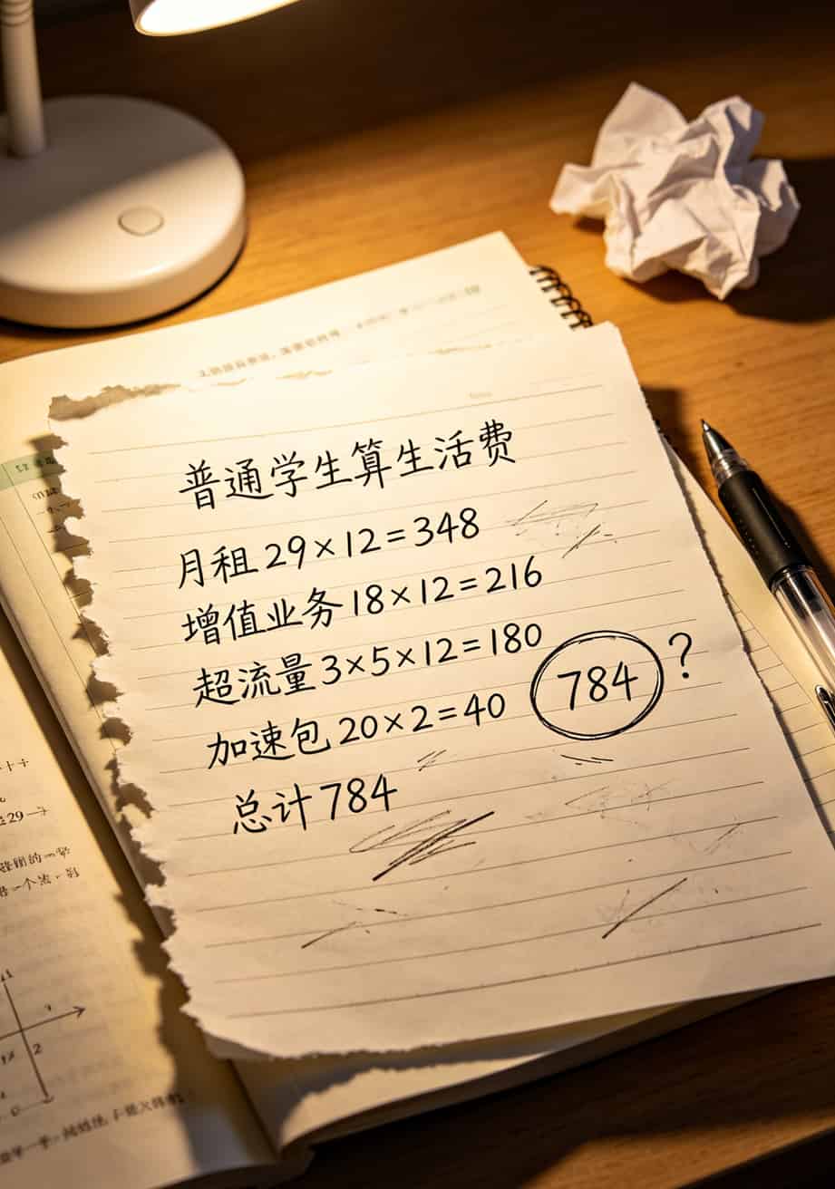 亳州学生实测:潮玩卡定向流量是哪些app可以用?三张卡全拆给你看 手写的年度费用计算草稿,348+216+180+40=784