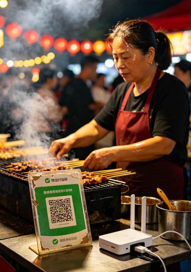 月省50块,网速快一倍:我折腾半年“29块钱100g的流量卡流量卡+优盘随身WiFi”的真实体验 夜市摊位收款码和随身WiFi放在一起的场景