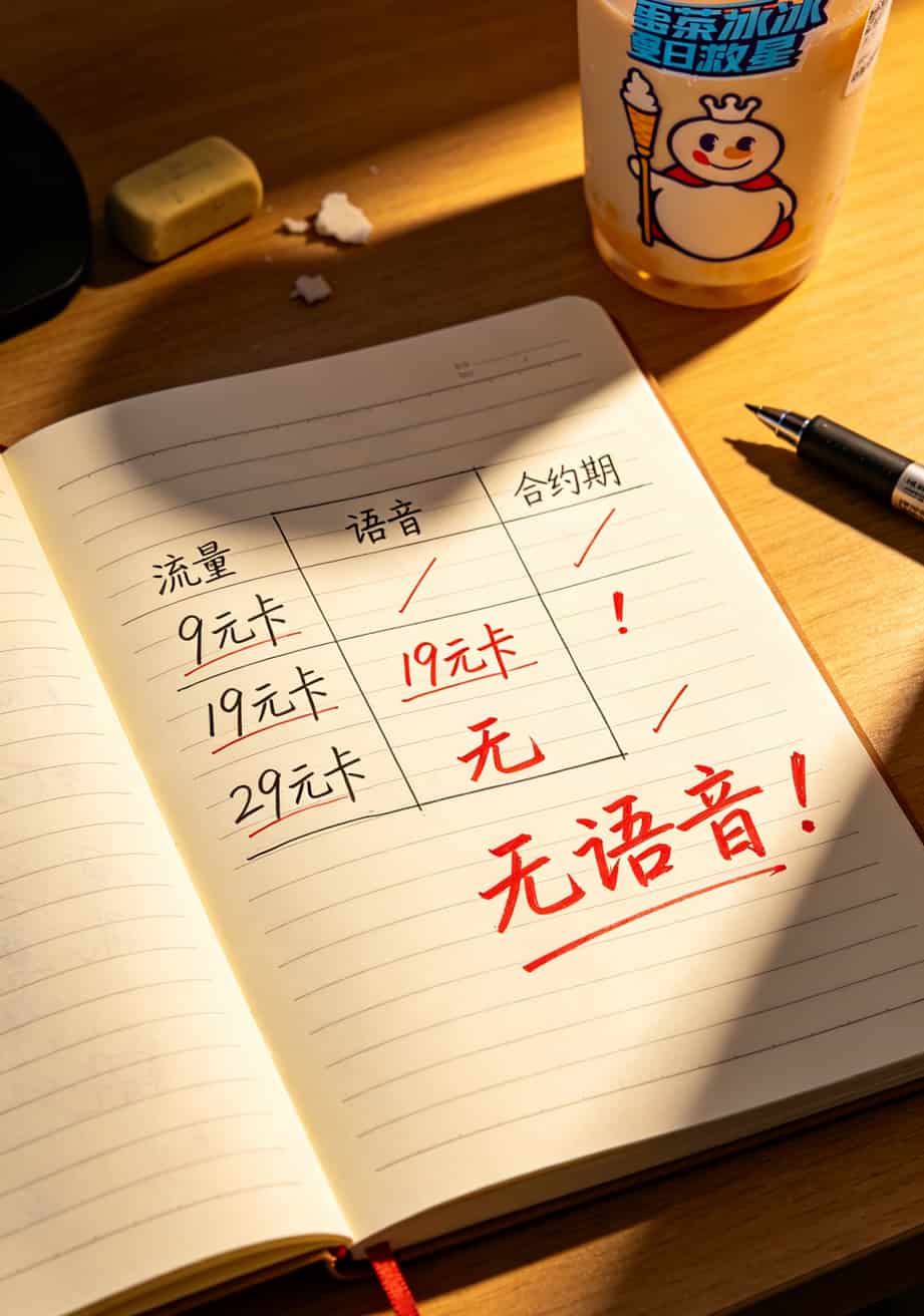 跑了5年手机店,终于搞懂电信9元卡流量办理的真相(附避坑清单) 流量套餐对比手写笔记,红笔标注“9元卡无语音”