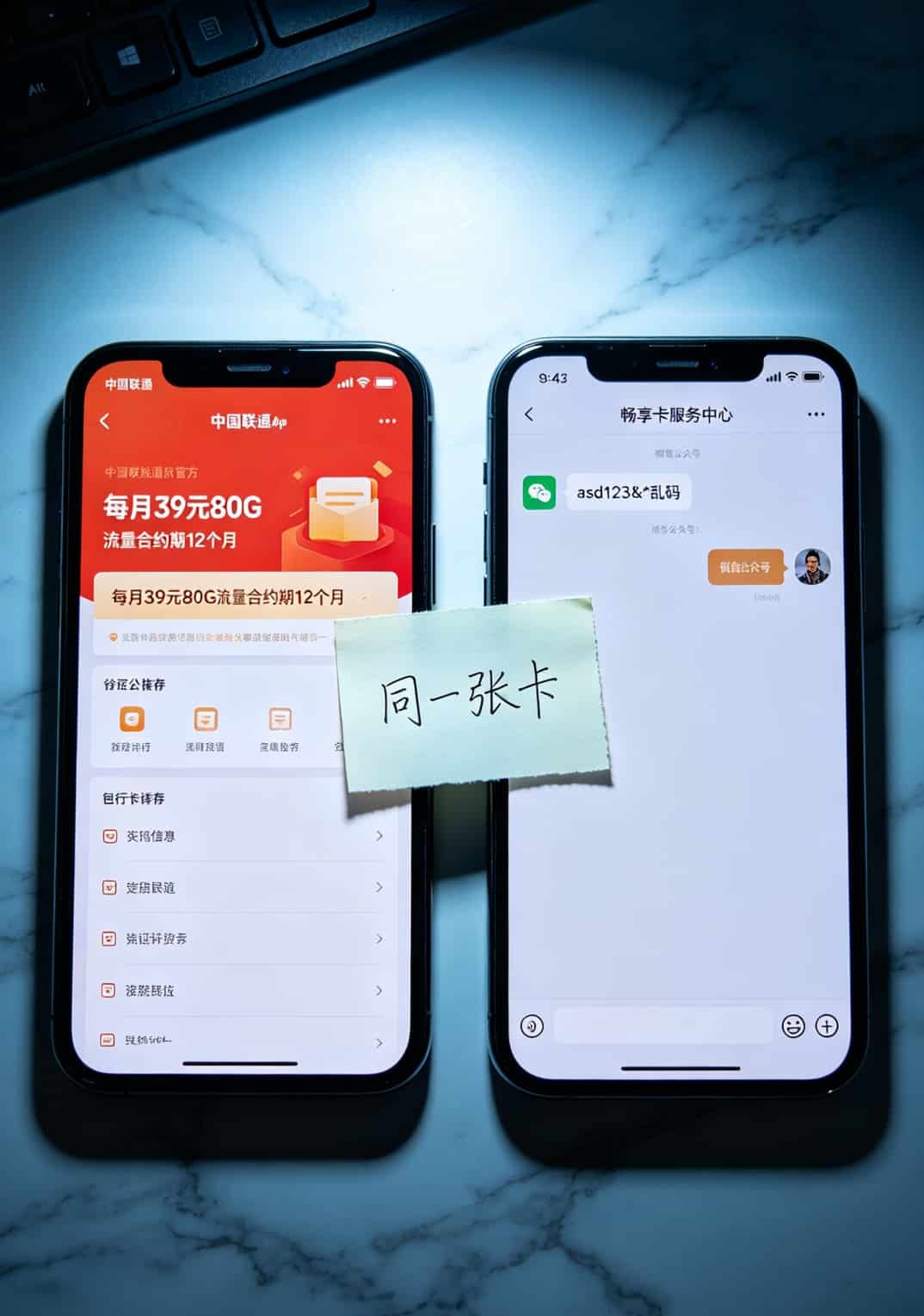 手机截图展示同一张流量卡在运营商官方App与第三方公众号查询结果的差异