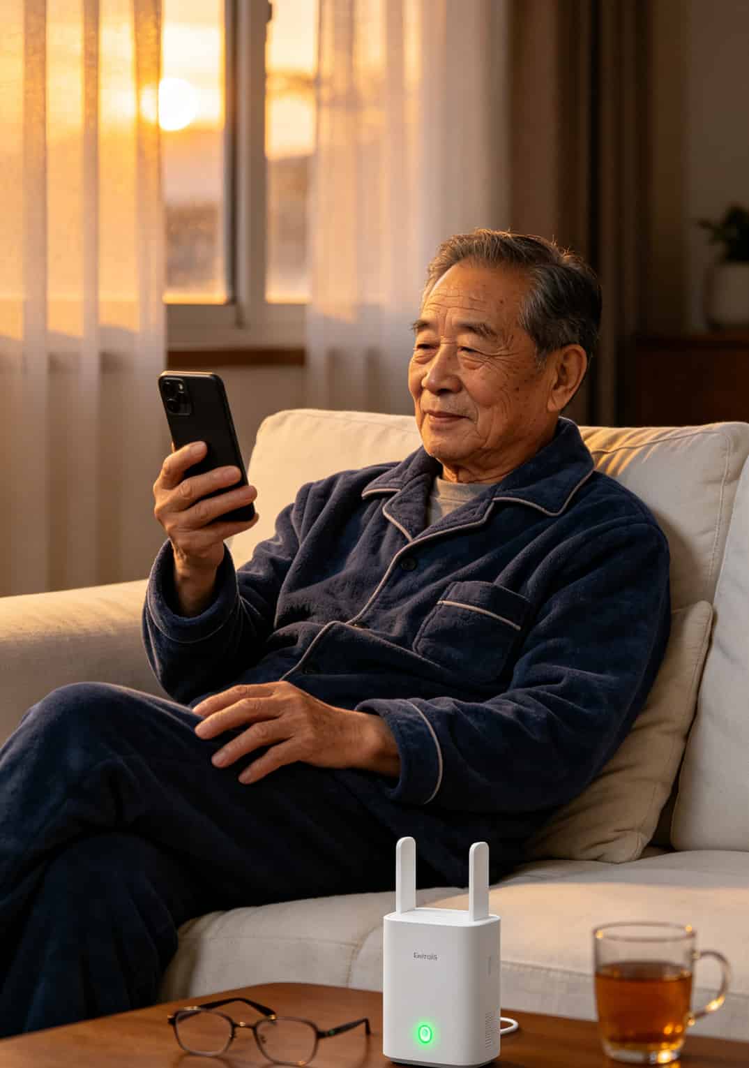 65岁以上流量卡怎么选?我爸折腾半年,最后发现这招最省心 老人坐在沙发上用随身WiFi刷抖音,设备放在茶几上