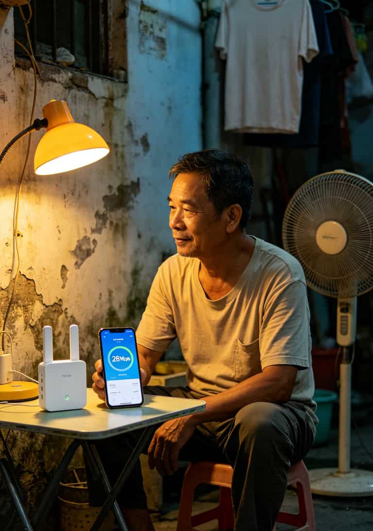 老赵在广州番禺出租屋里测试随身WiFi网速