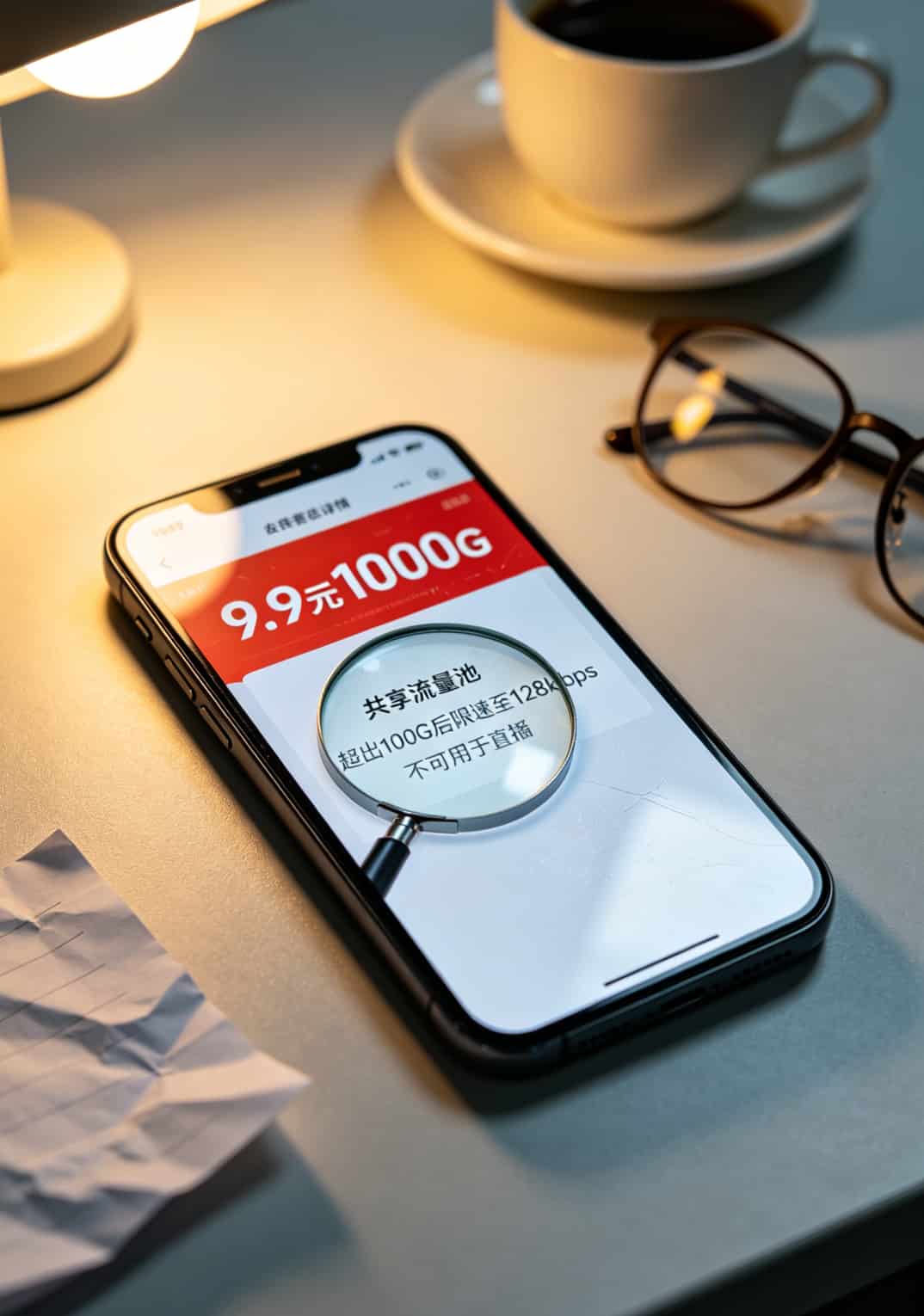 为办一张不限速流量卡申请,我蹲了三天营业厅,差点跟客服吵起来 线上低价套餐小字说明截图,显示“共享流量池”“超出限速”等条款