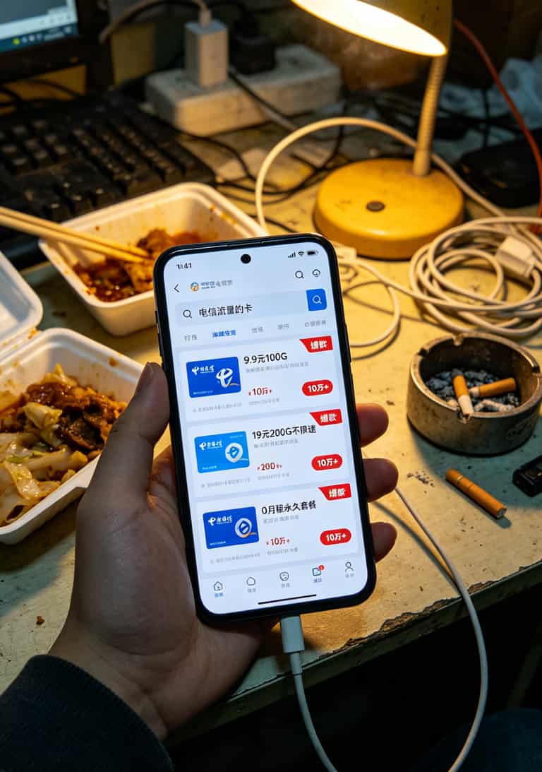 一张电信流量的卡+一个300块的随身WiFi,三年能省一台红米手机 手机搜索“电信流量卡”的电商平台截图,大量9.9元低价套餐刷屏