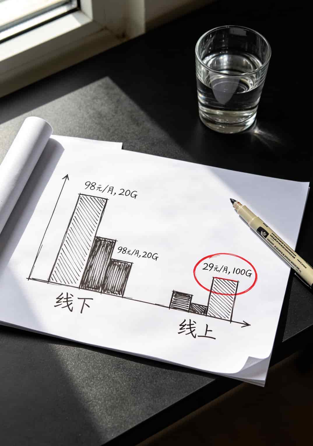 流量卡越便宜越坑?我折腾了七八张,这3款才是真便宜流量了卡推荐 线上流量卡与线下营业厅套餐价格对比图表