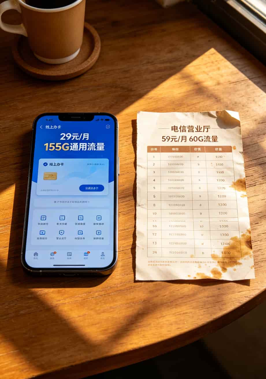 跑了半年网吧,终于找到电信比较便宜的流量卡(29元155G真能打) 线上办卡页面截图,显示29元155G,旁边是电信营业厅价目表59元60G