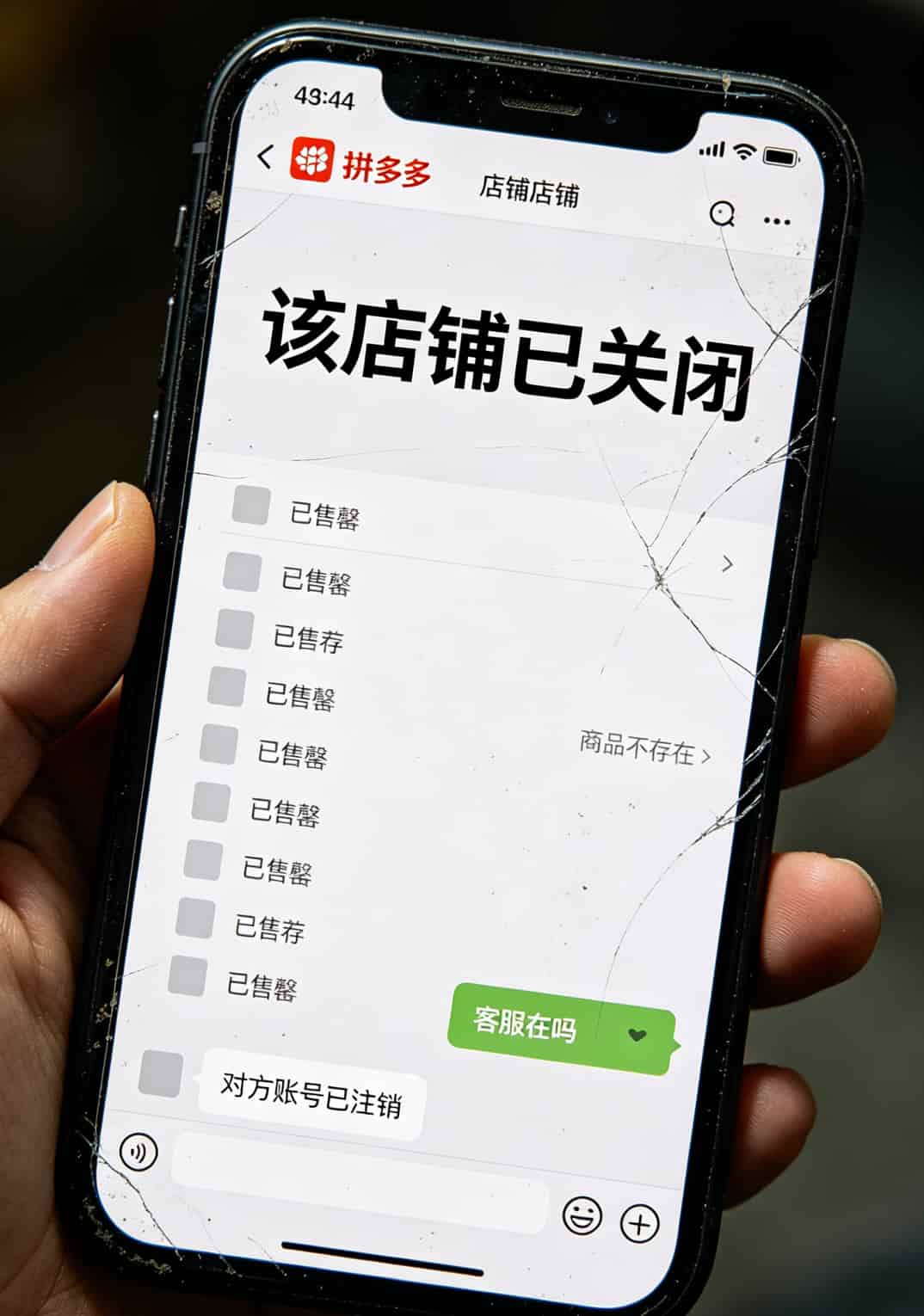 19元流量卡了,千万别先下单!我用中兴随身WiFi6踩坑3个月,省下3000块的土办法全公开 拼多多店铺已关闭的截图,商品已下架,客服消息显示“该用户不存在”