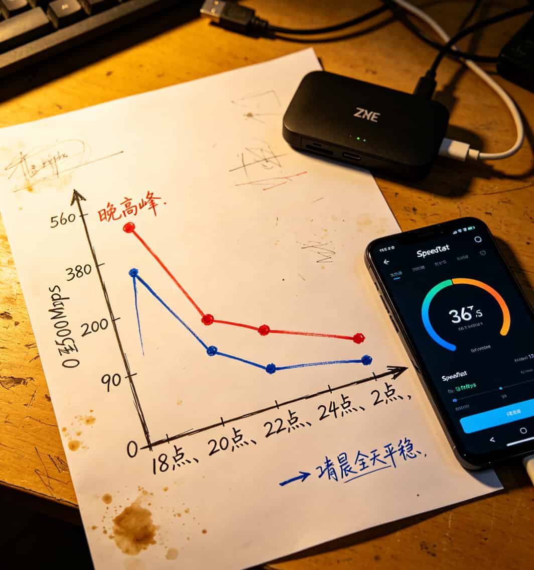 老张实测!联通卡大流量卡配随身WiFi,网速到底能快多少?(答案在50字内) 晚高峰和凌晨的网速对比折线图,晚高峰明显跳水