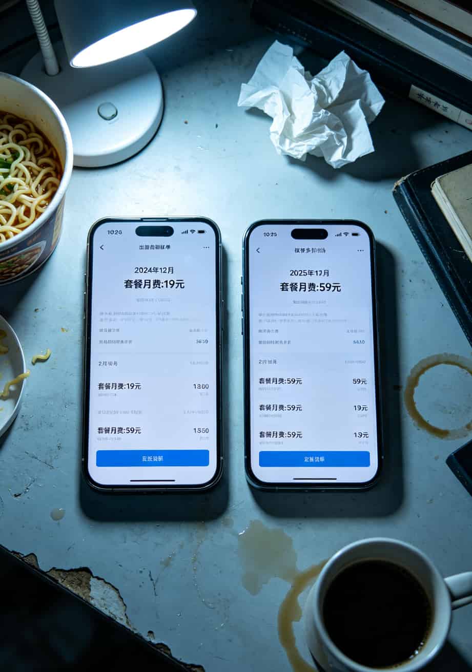 手机月账单截图显示连续三个月扣费59元，前一年是19元