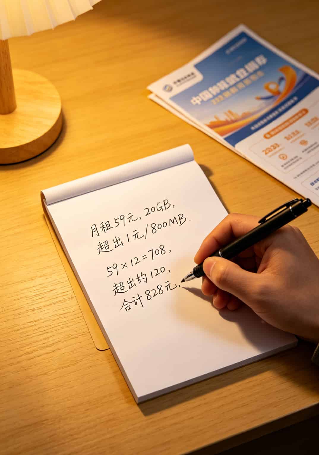 65岁以上流量卡怎么选?我爸折腾半年,最后发现这招最省心 手机营业厅套餐宣传单,月租59元20GB,旁边手写计算828元每年