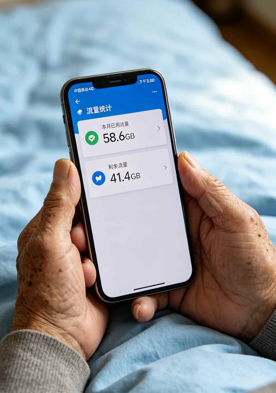 65岁以上流量卡怎么选?我爸折腾半年,最后发现这招最省心 老人手机流量统计截图,显示本月已用58.6GB,剩余41.4GB