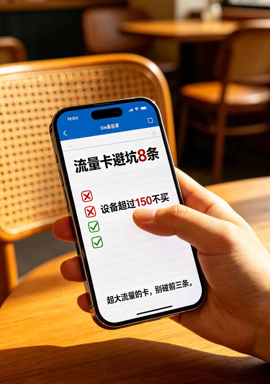 流量卡的坑我踩了5回,这份避坑指南帮你一年省下500块(附 **超大流量的卡** 真实测评) 手机备忘录截图,标题“流量卡避坑8条”,每条前面有红叉或绿勾,最后一行被手指挡住一半