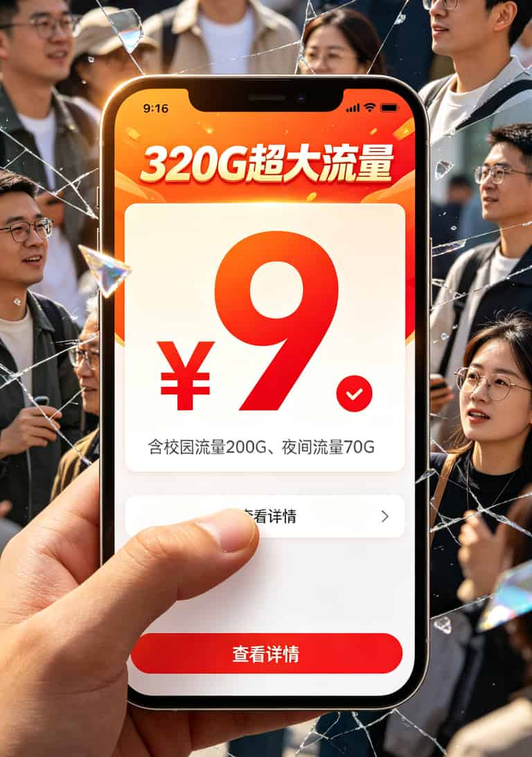 跑了5年手机店,终于搞懂电信9元卡流量办理的真相(附避坑清单) 拼多多商品详情页截图,320G大字旁边有一行极小的说明文字