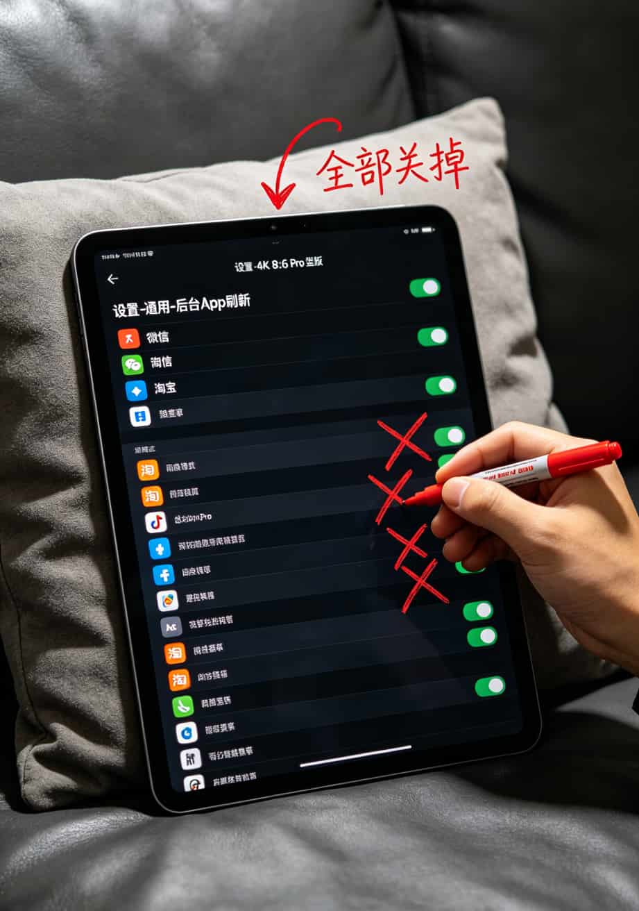 办流量卡办理折腾6次亏了800,这篇全攻略让你一次选对(附平板插卡+副卡共享) 平板设置后台App刷新界面的截图,标注“建议全部关闭”