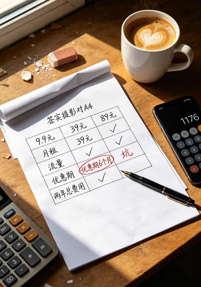 三张流量卡价格档位对比表截图，9.9元、39元、89元套餐内容与真实花费横评