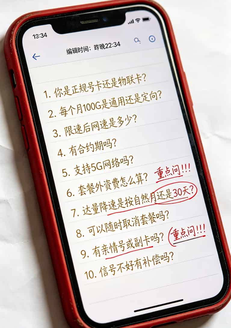 我跑了500个城市,烧坏2块电池,实话实说299电信流量卡的真面目 *手机备忘录截图,上面列着10个问题,第二个问题和第七个问题被红圈标出,旁边写着“重点”