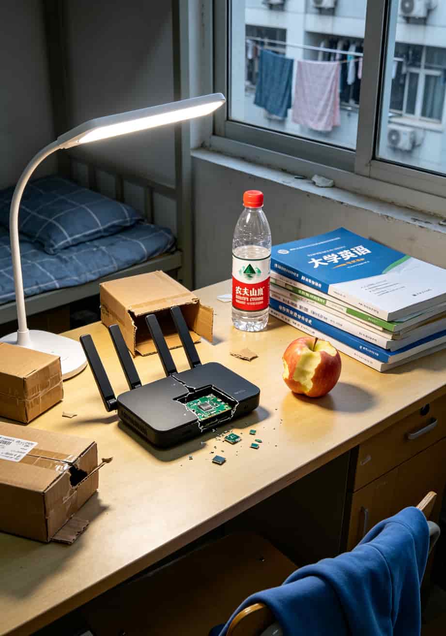20260508_030310_19元40g通用流量卡_final 出租屋书桌上一个插电的随身WiFi连着手机和笔记本电脑
