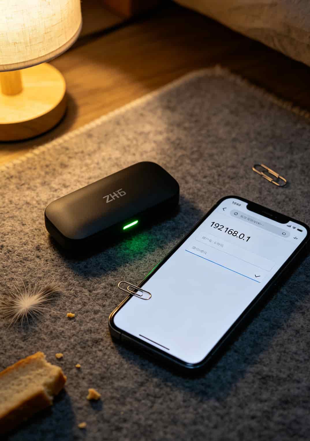 手机浏览器显示192.168.0.1登录页面，旁边中兴设备亮着绿灯