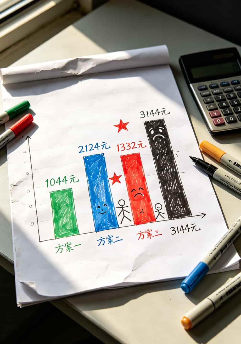办一张手机流量卡多少钱?算完三年账我直接换了套餐,你也别花冤枉钱 三年四种方案费用对比柱状图,最低1332最高3144