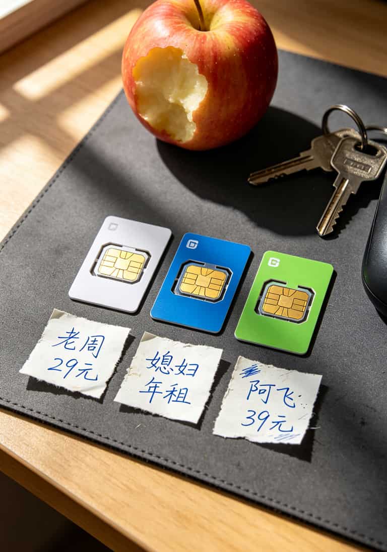 19元流量卡了?我劝你先看完这3个真实翻车现场(附避坑指南) 三张不同SIM卡并排摆放,旁边用纸条标注“老周29元”“媳妇年租”“阿飞39元”