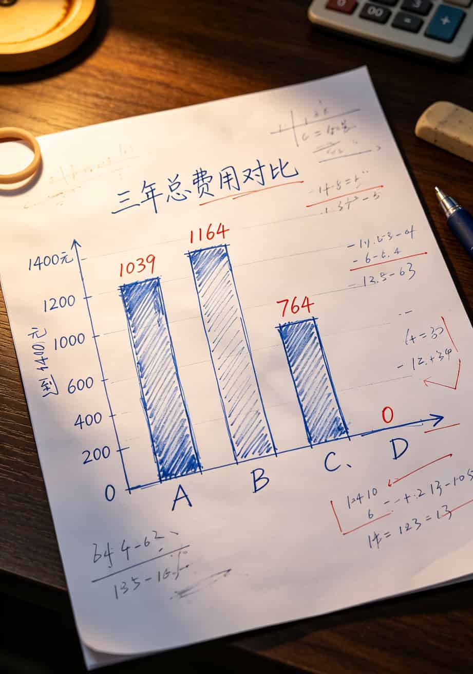 流量卡29元流量卡和免插卡随身WiFi哪个坑少?我花了3个月测出答案 三年费用对比柱状图,方案A、B、C、D四组数据一目了然
