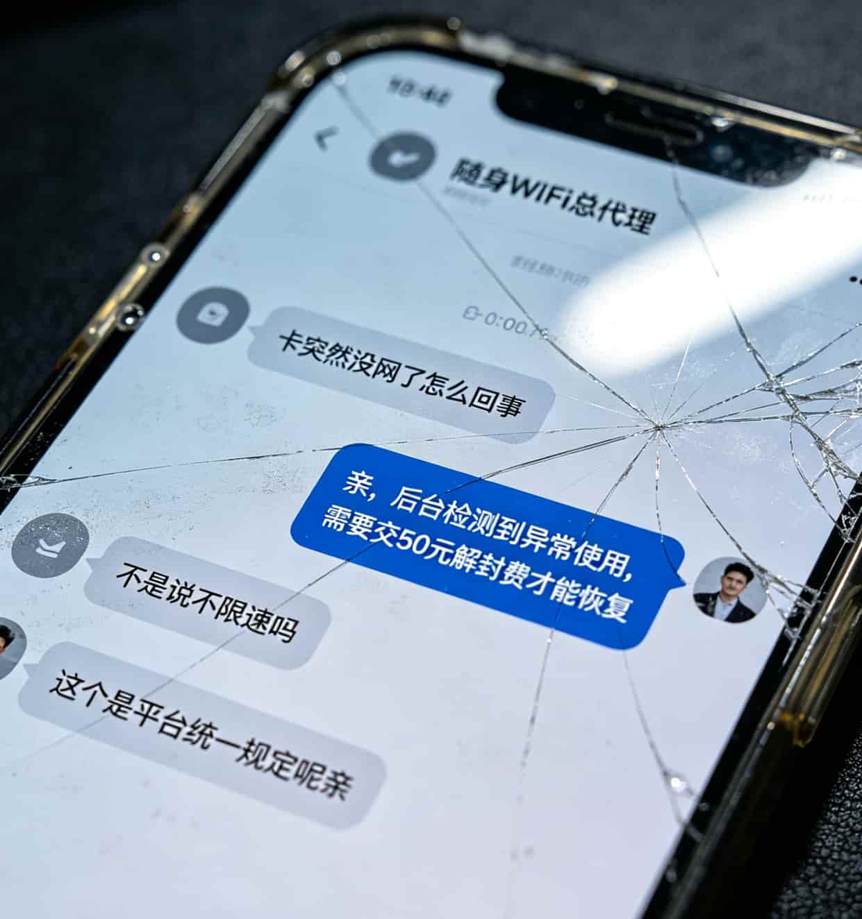 老张实测!联通卡大流量卡配随身WiFi,网速到底能快多少?(答案在50字内) 聊天记录截图,商家要求交50元解封费