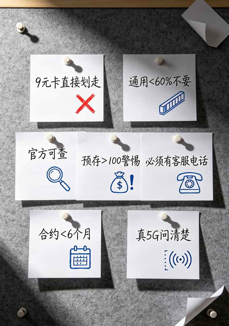 19元月租大流量的卡,我劝你办之前先看这篇(被坑过两次的人写的) 避坑七条铁律卡片图,每条配一个小图标