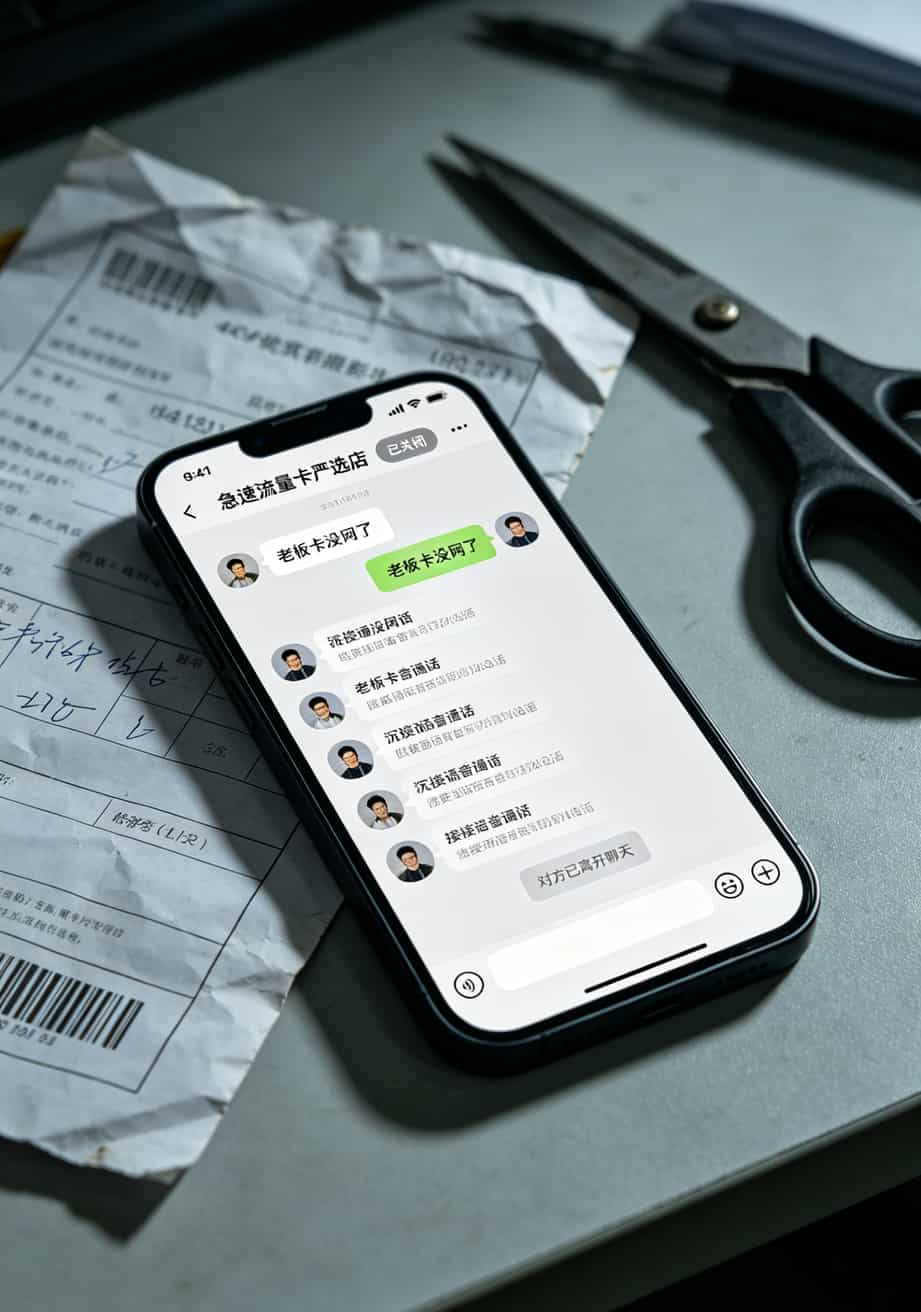 30元联通卡流量卡插中兴随身WiFi,限速没做等于给别人“打工”——附10个实操图位置 手机聊天记录截图,显示商家店铺已注销的提示