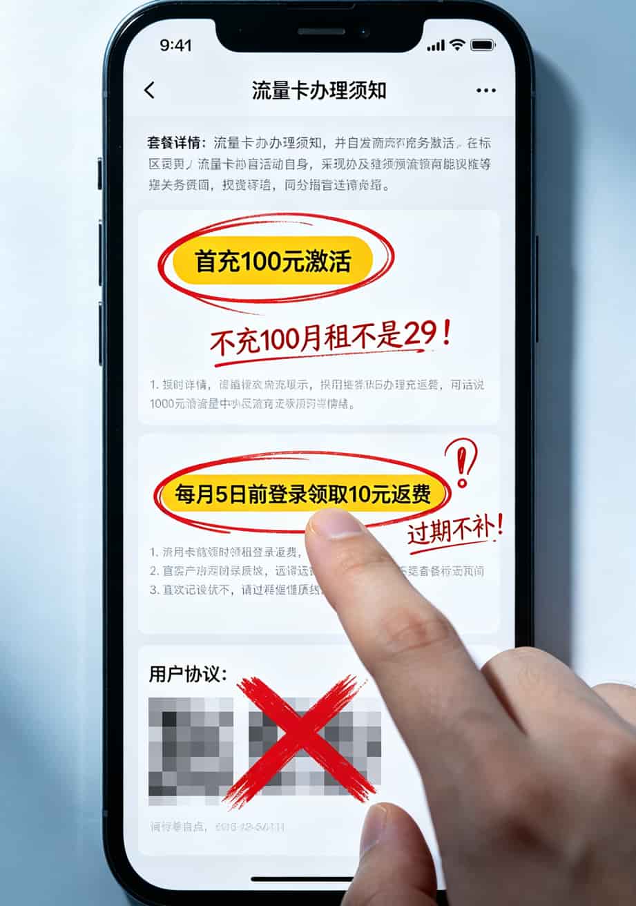 手机截图标注“首充100”“返费手动领取”等注意事项的示意图