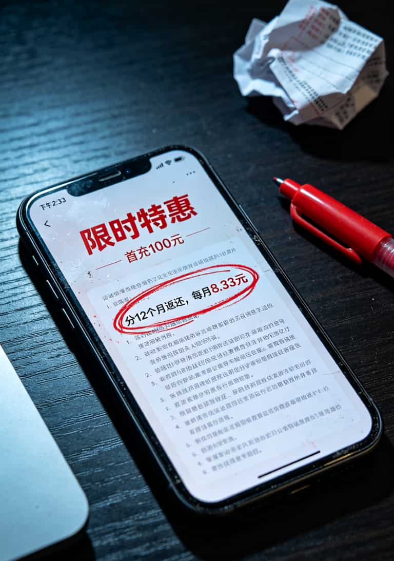 19元188g流量卡是真的吗?说实话:真的存在,但不是你想的那样 运营商首充返费活动说明截图,红圈标注100元分12个月返还
