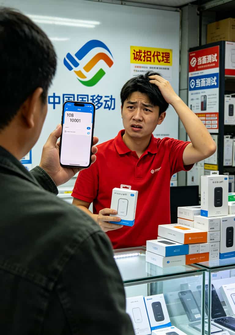 一个人拿着手机在柜台前问问题，店员在解释