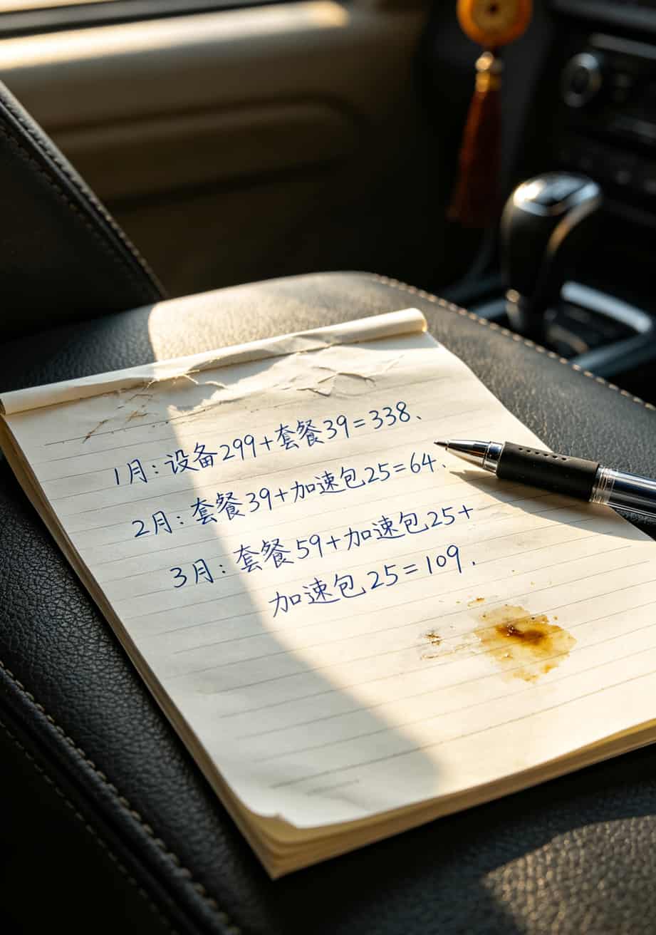 39元999g流量卡移动套餐,我劝你别急着买!三个月实测血泪史 手写账本照片,上面列着三个月随身WiFi各项支出明细