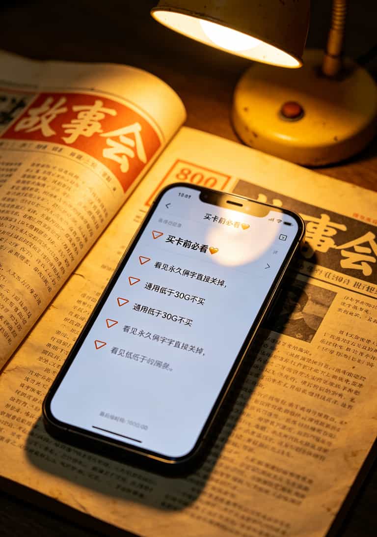 19元流量卡了?我劝你先看完这3个真实翻车现场(附避坑指南) 手机备忘录截图,上面7条建议用项目符号列出,顶部写着“买卡前必看”
