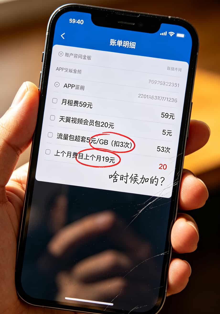 用了三年随身WiFi,我被坑了八千块才搞懂:中兴小盒子配19元电信卡大流量卡,到底是省钱还是送命? 运营商APP账单截图,显示月租59元外加20元会员包
