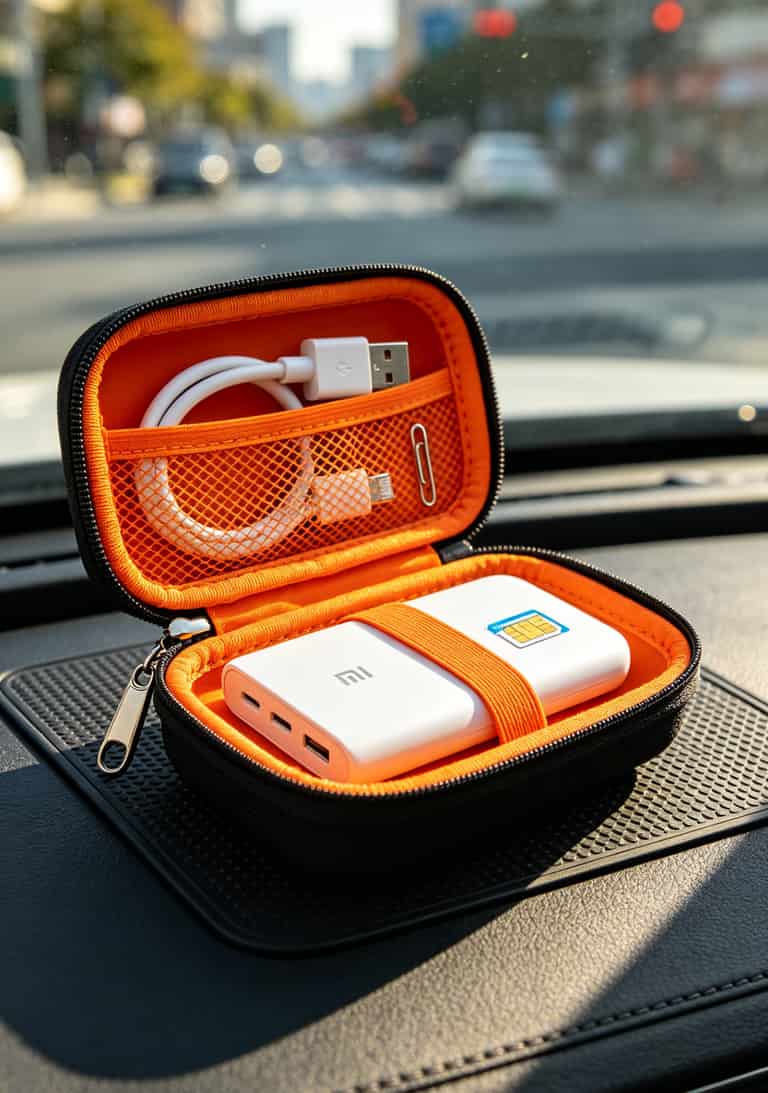 随身WiFi收纳包内部，设备、数据线、卡针整齐摆放