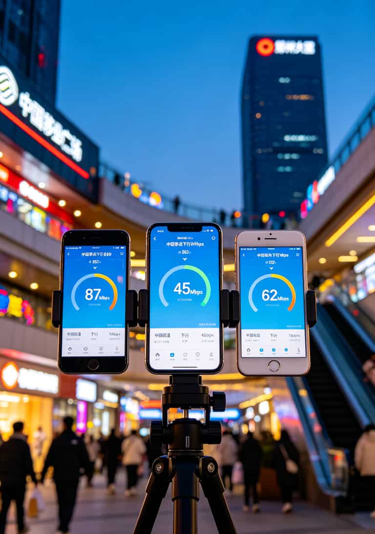 郑州国贸360附近联通、移动、电信三家信号强度实测对比图表