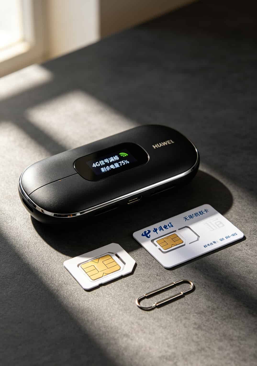 随身WiFi设备和流量卡实物摆放图