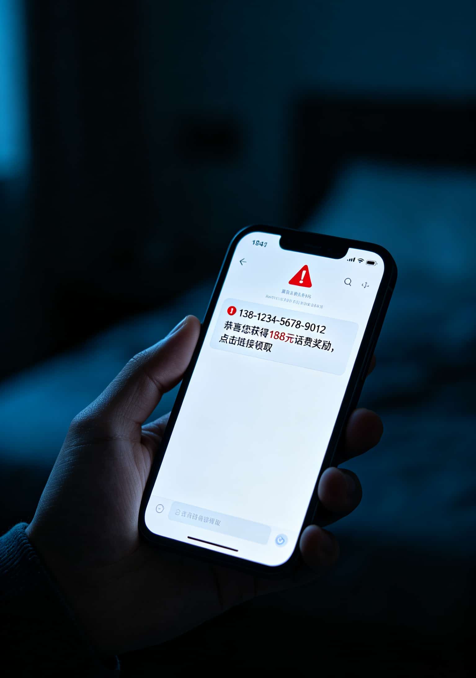 折腾了12张手机卡后,我找到了真正便宜的移动流量卡(附避坑指南) 手机屏幕显示“恭喜您获得188元话费”的诈骗短信截图