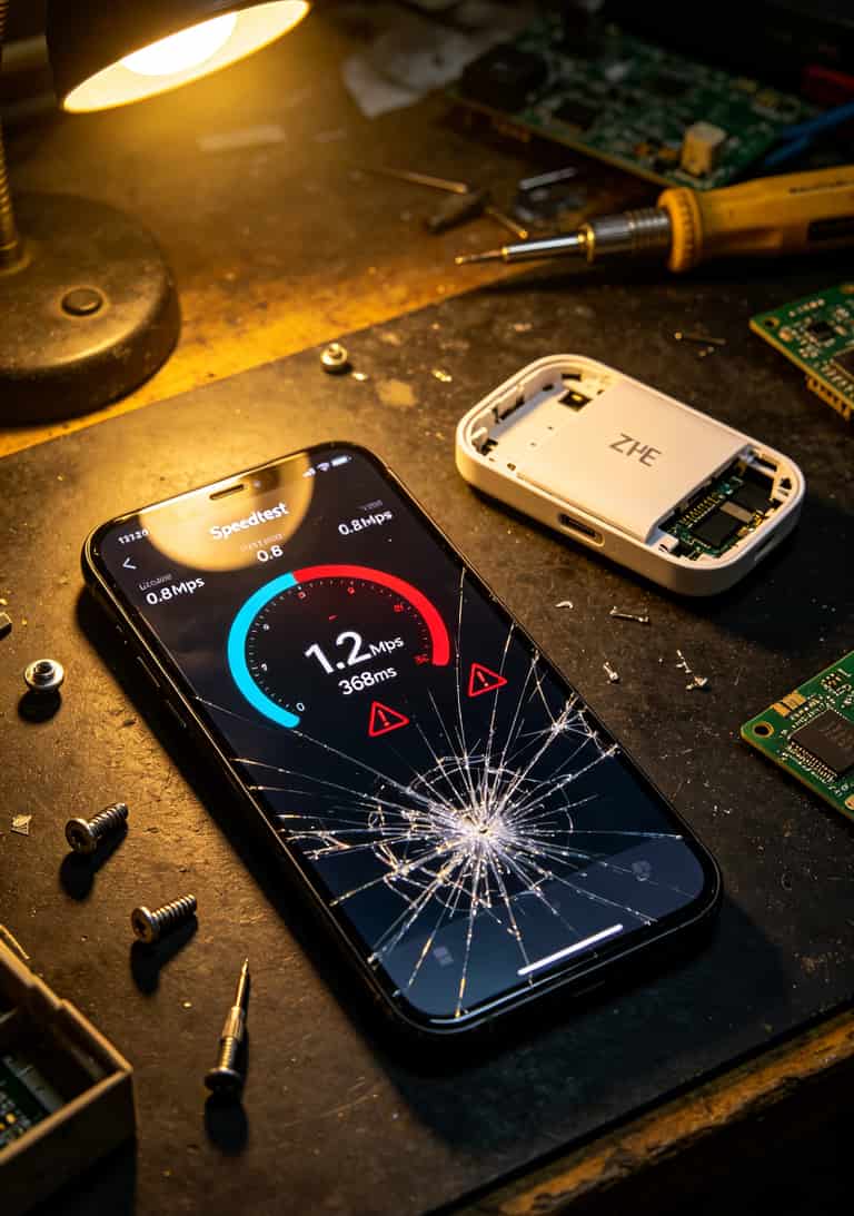 9元流量卡免费办理?折腾两年中兴随身WiFi,我劝你别贪这便宜 手机测速软件截图,显示下载速度1.2Mbps和红色警告标识