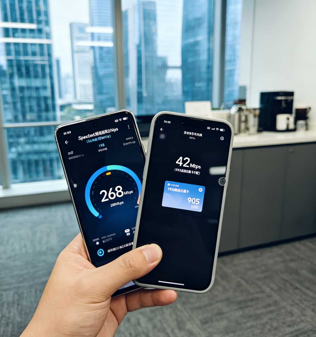 测速App显示268Mbps和42Mbps的结果对比截图