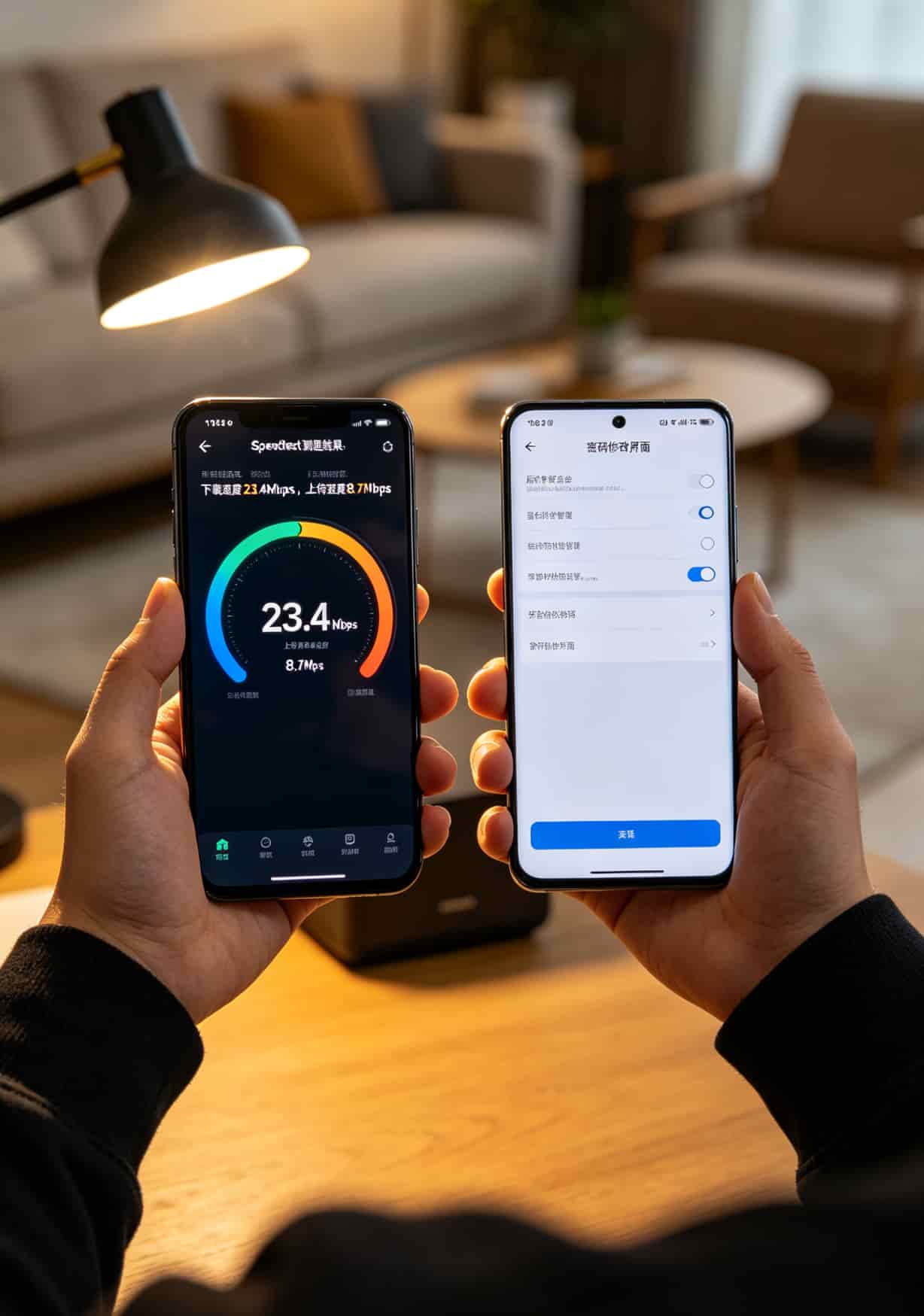 测速APP截图和修改WiFi后台密码的操作界面