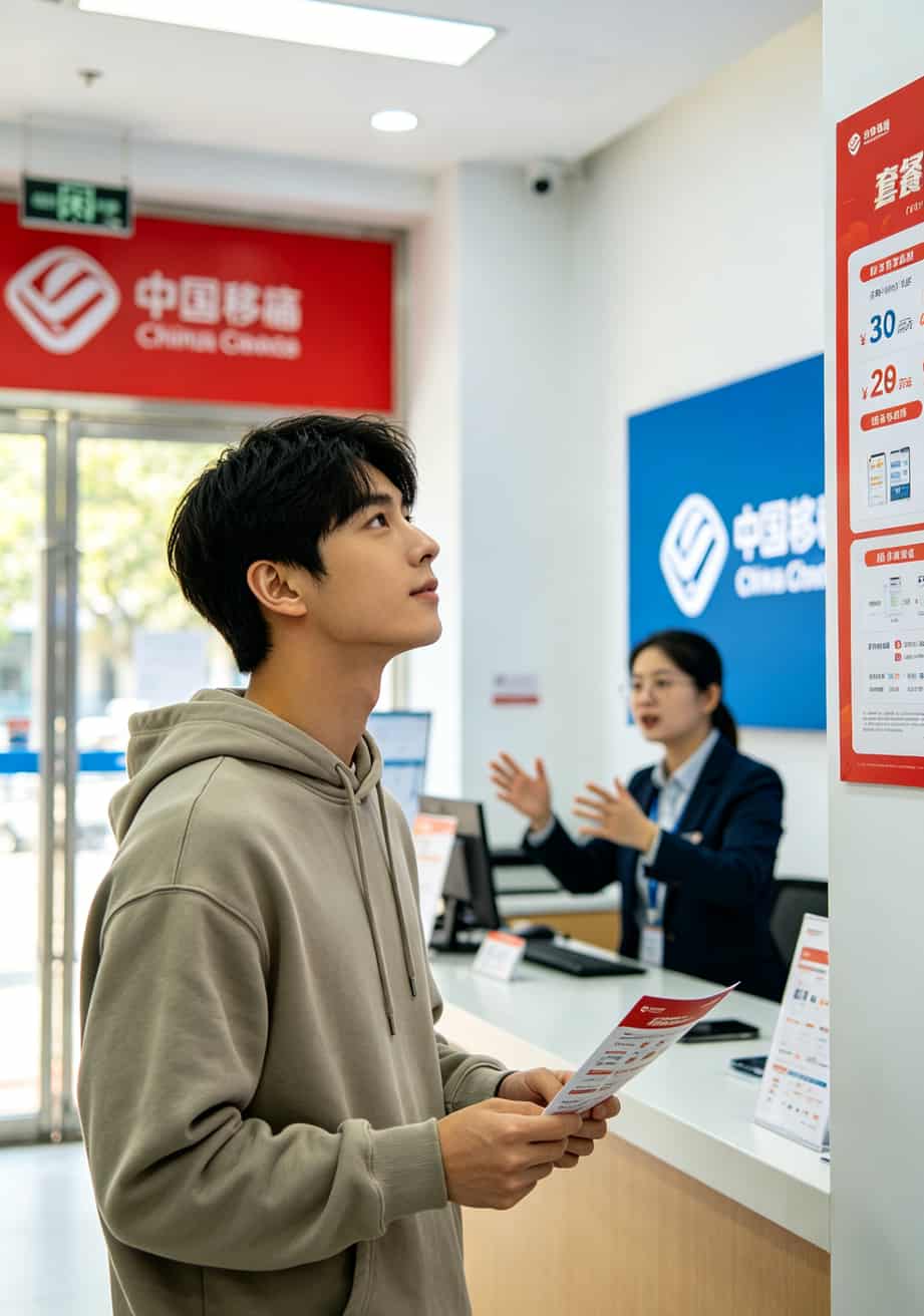 学生或年轻人在营业厅咨询办理手机套餐