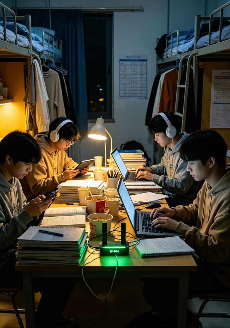 办什么卡流量最划算?我踩坑3年的答案都在这里了 四个人围坐在宿舍书桌前,中间放着一台亮灯的随身WiFi