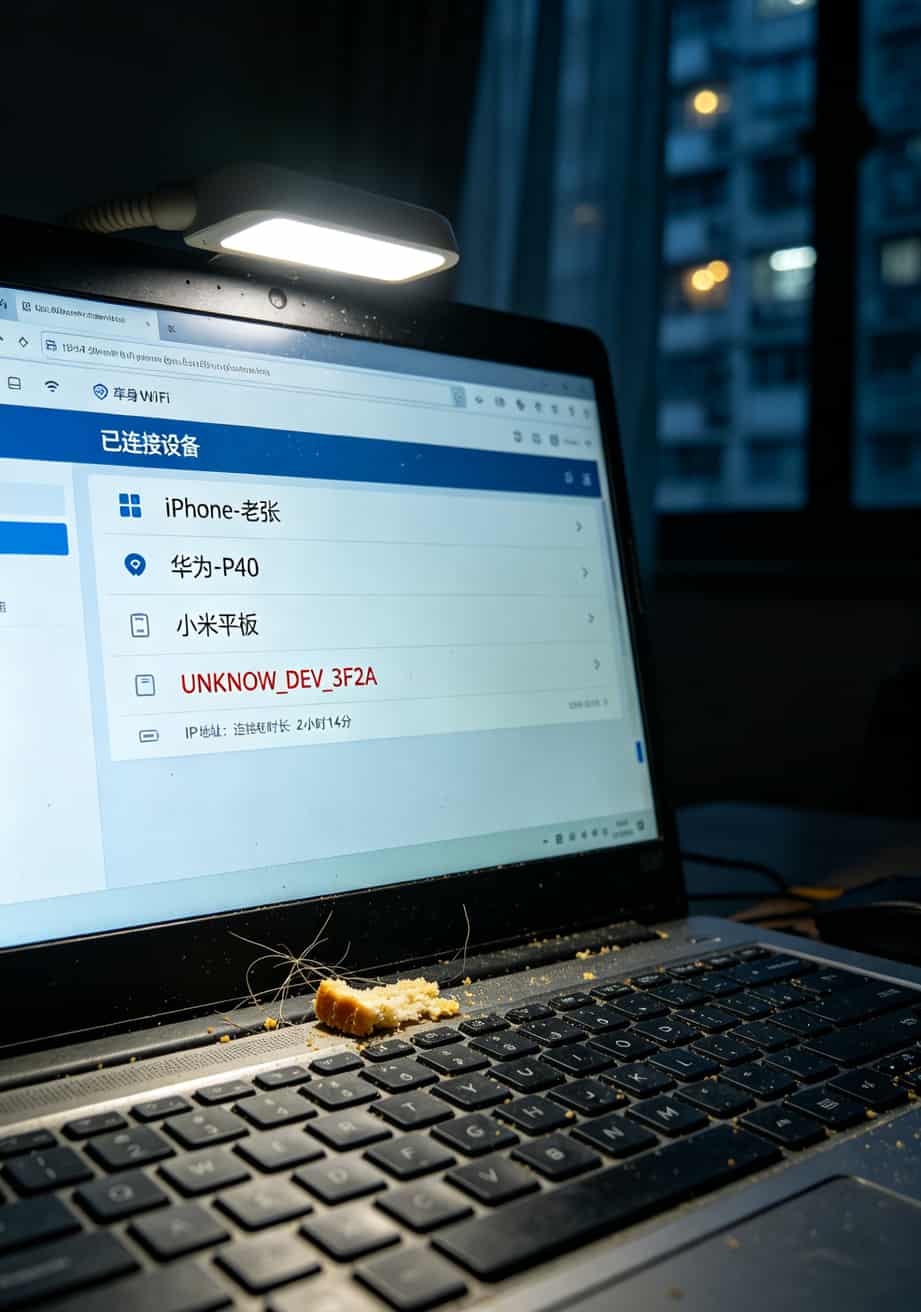 19元不限量流量卡,求你别再交了智商税(我掏三次学费换来的大实话) 随身WiFi管理后台显示已连接设备列表,其中有一个未知设备被高亮标红
